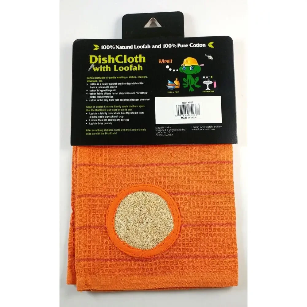 Kitchen Dishcloth Orange 100% Natural Cotton With Built In Loofah Scrubber